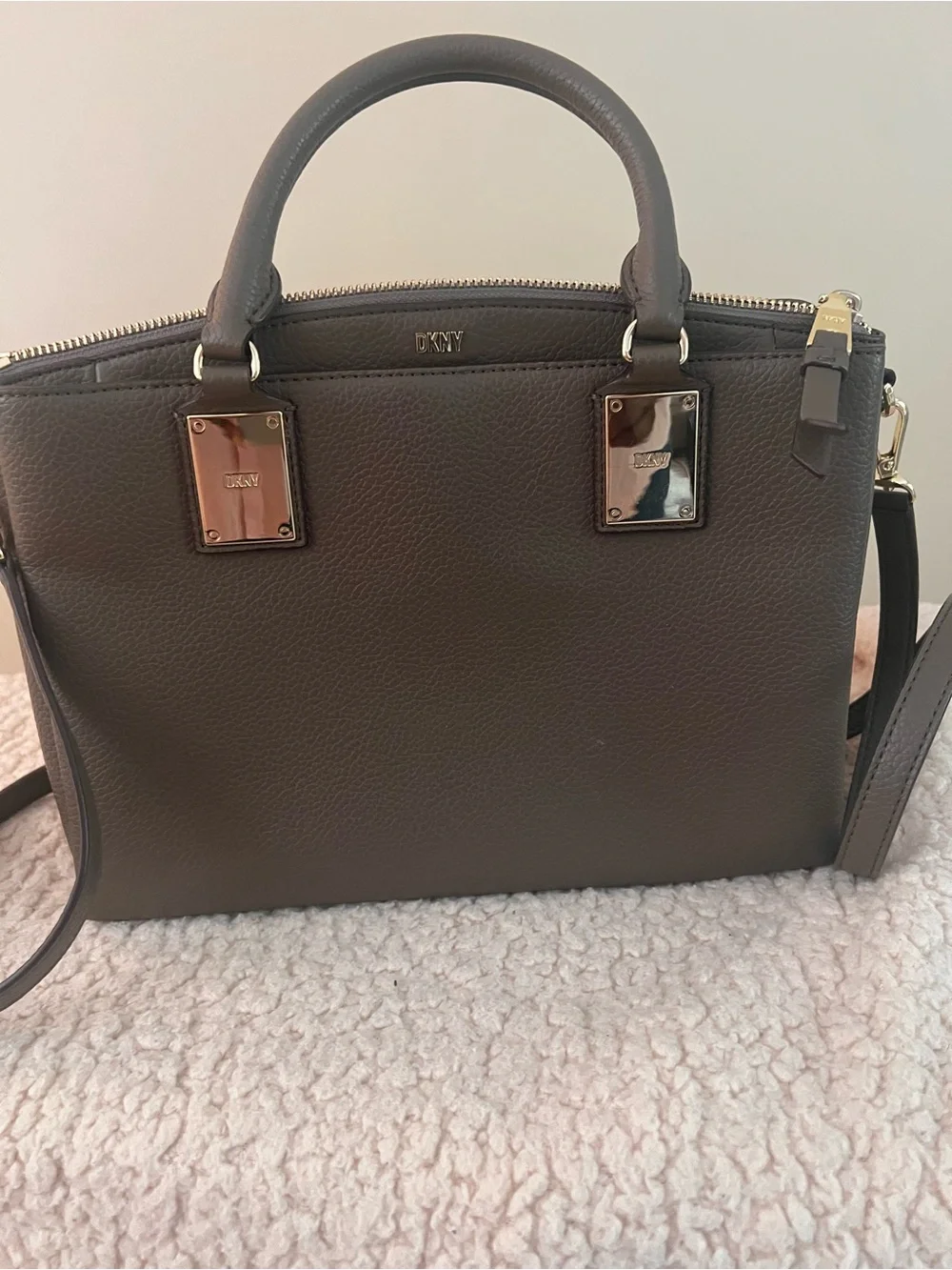 DKNY Gray Pebbled Leather Satchel with Gold Hardware